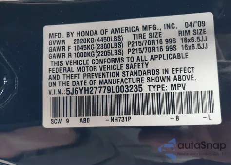 2009 Honda Element Ex from USA, damaged, VIN 5J6YH27779L003235